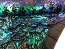Iridescent Green Sequin on Black Stretch Velvet With Luxury Reversible Sequins Shining Sequins 2-way Stretch 58/60” (Choose The Measure)