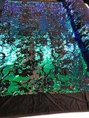 Iridescent Green Sequin on Black Stretch Velvet With Luxury Reversible Sequins Shining Sequins 2-way Stretch 58/60” (Choose The Measure)