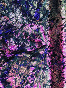 Iridescent Purple Sequin on Black Stretch Velvet With Luxury Reversible Sequins Shining Sequins 2-way Stretch 58/60” (Choose The Measure)