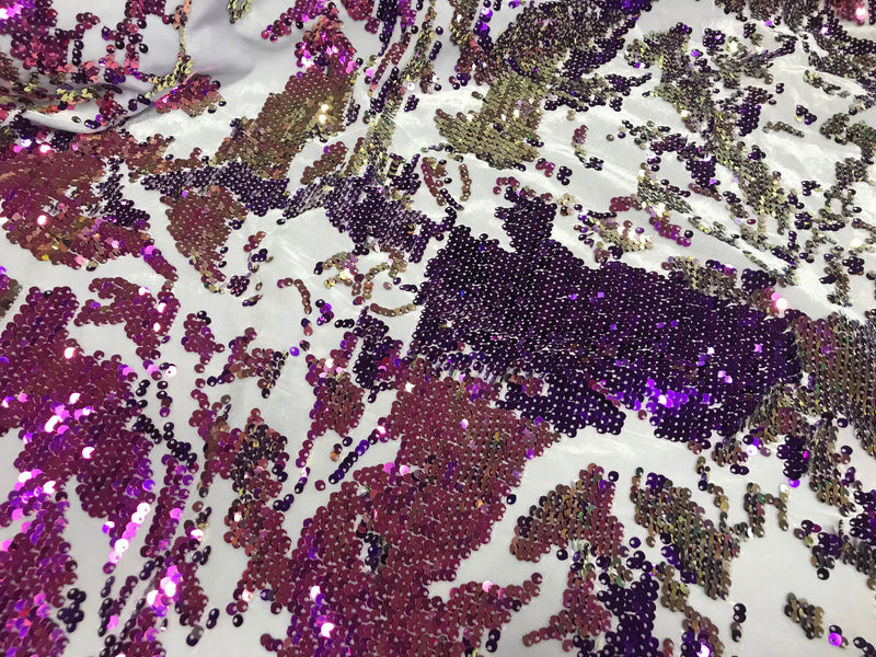 Iridescent Purple Sequin on White Stretch Velvet With Luxury Reversible Sequins Shining Sequins 2-way Stretch 58/60” (Choose The Measure)