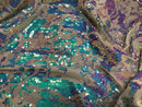 Iridescent Aqua Sequin on Of White Stretch Velvet With Luxury Reversible Sequins Shining Sequins 2-way Stretch 58/60” (Choose The Measure)