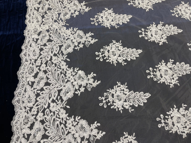 Ivory Lace - Floral Lace Fabric, Embroidery With Sequins on a Mesh Lace Fabric By The Yard For Gown, Wedding-Bridal (Choose The Quantity)