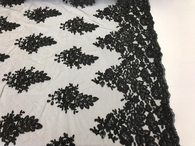 Black Lace - Floral Lace Fabric, Embroidery With Sequins on a Mesh Lace Fabric By The Yard For Gown, Wedding-Bridal (Choose The Quantity)