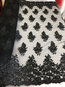 Black Lace - Floral Lace Fabric, Embroidery With Sequins on a Mesh Lace Fabric By The Yard For Gown, Wedding-Bridal (Choose The Quantity)