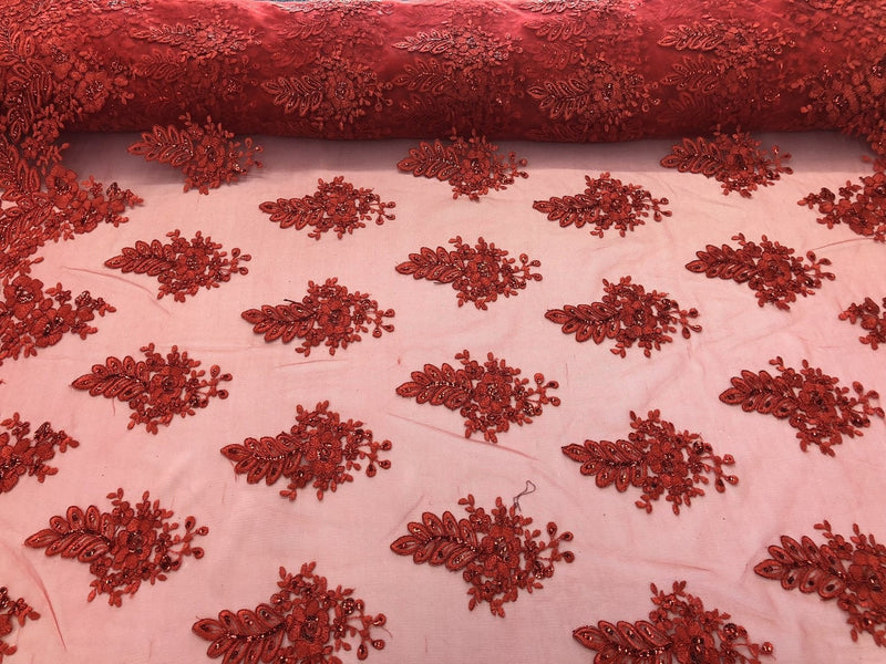 Red Lace - Floral Lace Fabric, Embroidery With Sequins on a Mesh Lace Fabric By The Yard For Gown, Wedding-Bridal (Choose The Quantity)