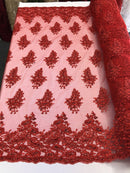 Red Lace - Floral Lace Fabric, Embroidery With Sequins on a Mesh Lace Fabric By The Yard For Gown, Wedding-Bridal (Choose The Quantity)