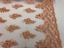 Peach Lace - Floral Lace Fabric, Embroidery With Sequins on a Mesh Lace Fabric By The Yard For Gown, Wedding-Bridal (Choose The Quantity)