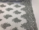 Silver Lace Floral Lace Fabric, Embroidery With Sequins on a Mesh Lace Fabric By The Yard For Gown, Wedding-Bridal (Choose The Quantity)