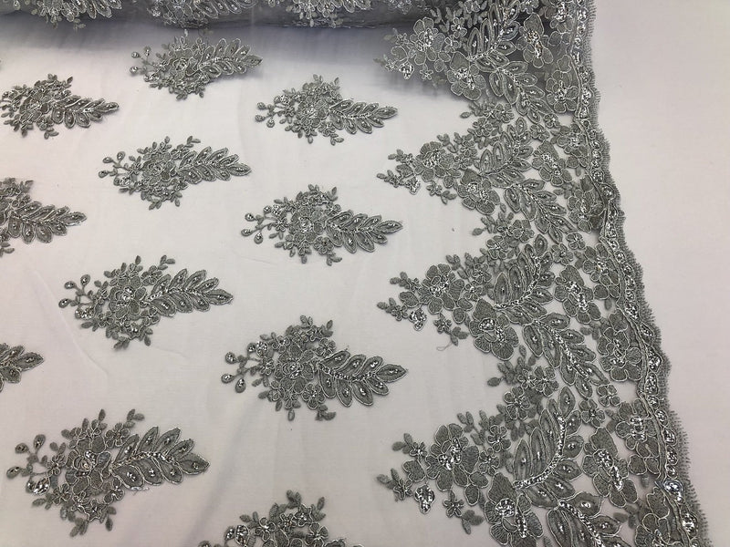 Silver Lace Floral Lace Fabric, Embroidery With Sequins on a Mesh Lace Fabric By The Yard For Gown, Wedding-Bridal (Choose The Quantity)
