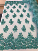 Aqua Lace Floral Lace Fabric, Embroidery With Sequins on a Mesh Lace Fabric By The Yard For Gown, Wedding-Bridal (Choose The Quantity)