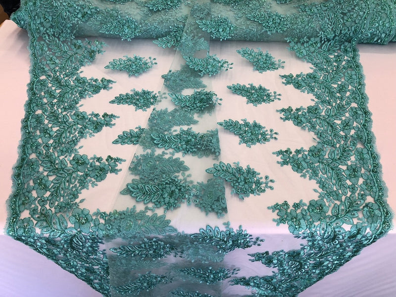 Aqua Lace Floral Lace Fabric, Embroidery With Sequins on a Mesh Lace Fabric By The Yard For Gown, Wedding-Bridal (Choose The Quantity)