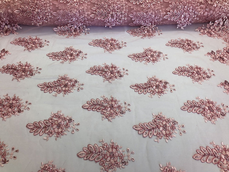 Pink Lace Floral Lace Fabric, Embroidery With Sequins on a Mesh Lace Fabric By The Yard For Gown, Wedding-Bridal (Choose The Quantity)