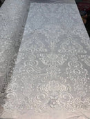 White Lace Floral Lace Fabric, Embroidery With Sequins on a Mesh Lace Fabric By The Yard For Gown, Wedding-Bridal (Choose The Quantity)