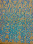 Iridescent aqua Sequin Lace Fabric On Nude Mesh Damask Design Embroidered On 4 way Stretch Sequin By The Yard -Prom-Gown ( Choose The Size )