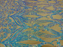 Iridescent aqua Sequin Lace Fabric On Nude Mesh Damask Design Embroidered On 4 way Stretch Sequin By The Yard -Prom-Gown ( Choose The Size )