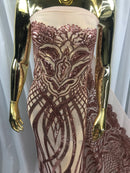 Rose Gold Sequins Lace Fabric On Mesh Vines Design Embroidered On 4way Stretch Sequin By The Yard -Prom-Gown ( Choose The Size )