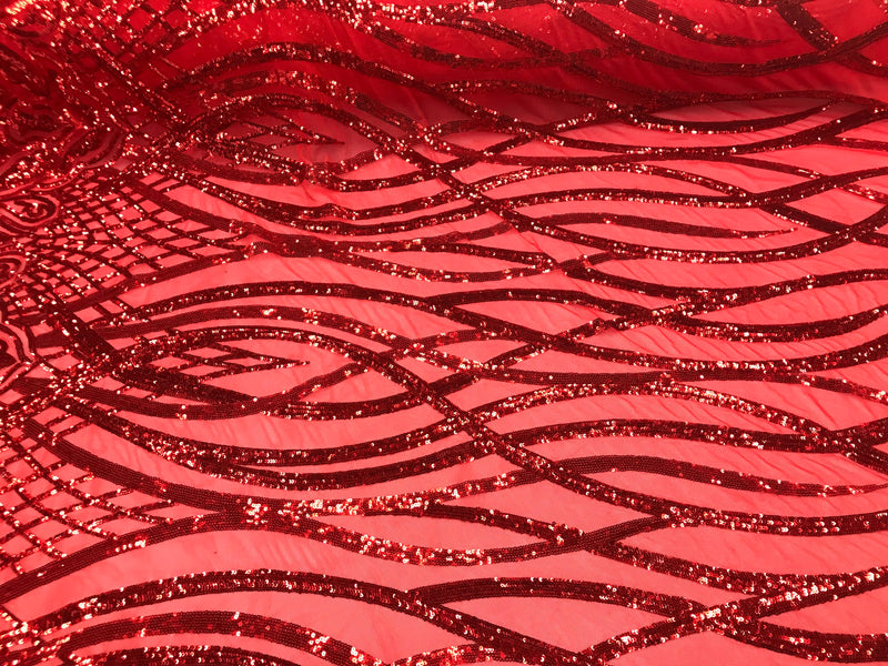 Red Sequins Lace Fabric On a Mesh Vines Design Embroidered On 4way Stretch Sequin By The Yard -Prom-Gown ( Choose The Size )