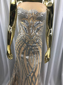 Matte Silver Sequins Lace Fabric On Nude Mesh Vines Design Embroidered On 4way Stretch Sequin By The Yard -Prom-Gown ( Choose The Size )