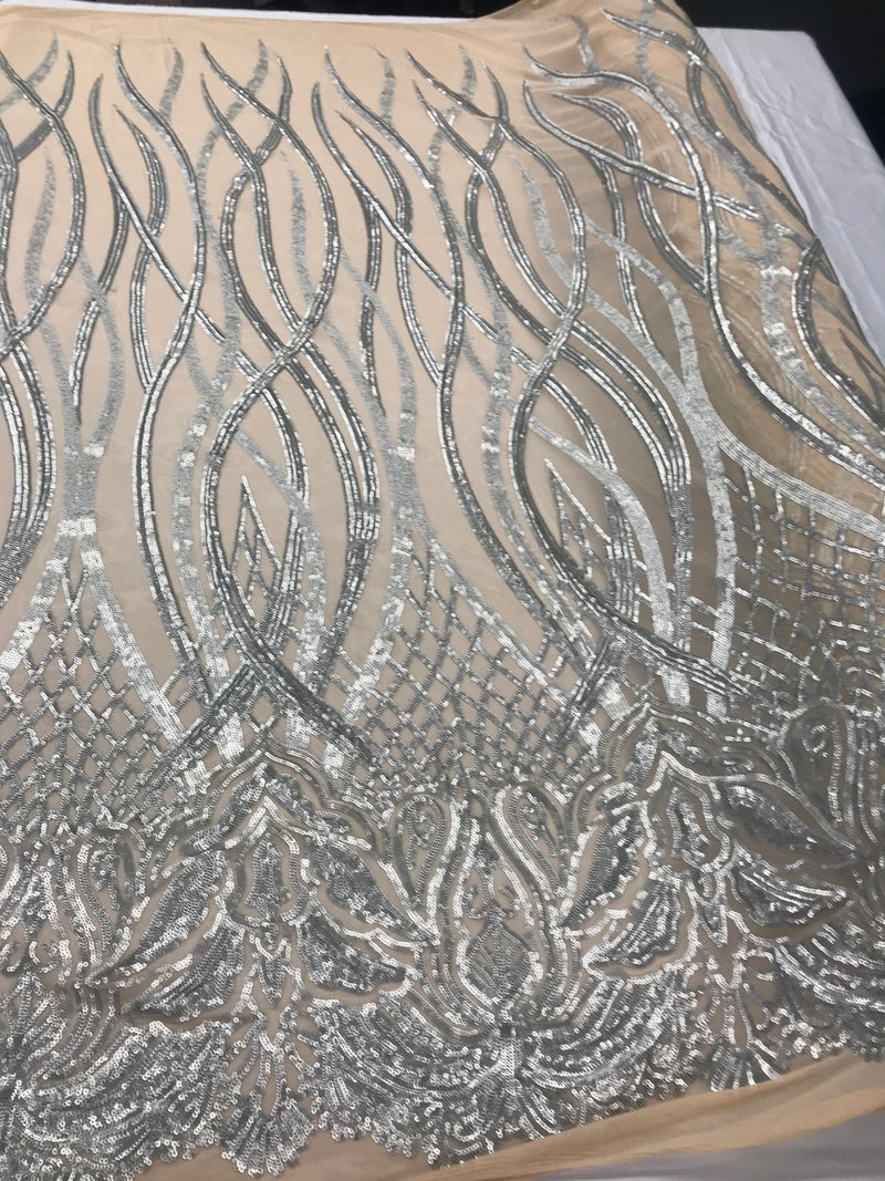 Matte Silver Sequins Lace Fabric On Nude Mesh Vines Design Embroidered On 4way Stretch Sequin By The Yard -Prom-Gown ( Choose The Size )