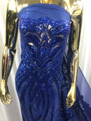 Royal Blue Sequins Lace Fabric On a Mesh Vines Design Embroidered On 4way Stretch Sequin By The Yard -Prom-Gown ( Choose The Size )