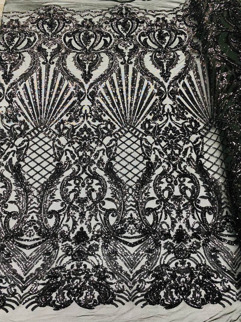 Black Sequin Damask Design on a 4 Way Stretch Sequin Fabric Spandex Mesh-Prom-Gown By The Yard