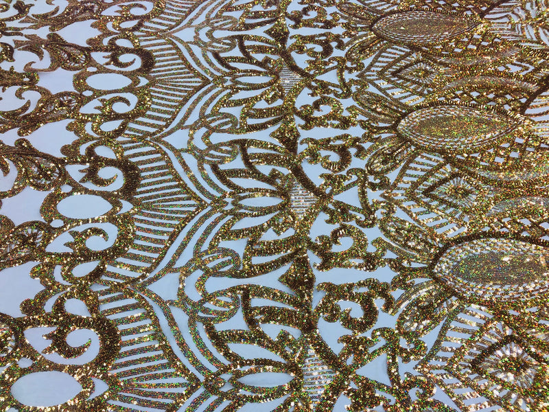Sequin Fabric - Holographic Gold - 4 Way Stretch Royalty Lace Sequin By Yard