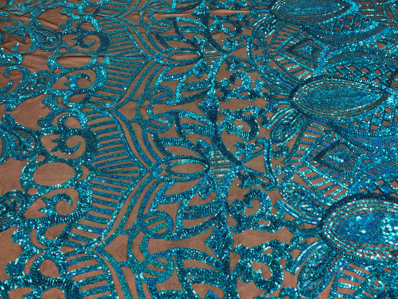 Sequin Fabric - Hologram Turquoise - 4 Way Stretch Royalty Lace Sequin By Yard