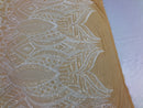 Sequin Fabric - White on Nude - 4 Way Stretch Royalty Lace Sequin By Yard
