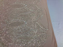 Iridescent Clear Sequins Lace Fabric On Nude Mesh, Royalty Design Embroidered On 4way Stretch Sequin By Yard -Prom-Gown ( Choose The Size )