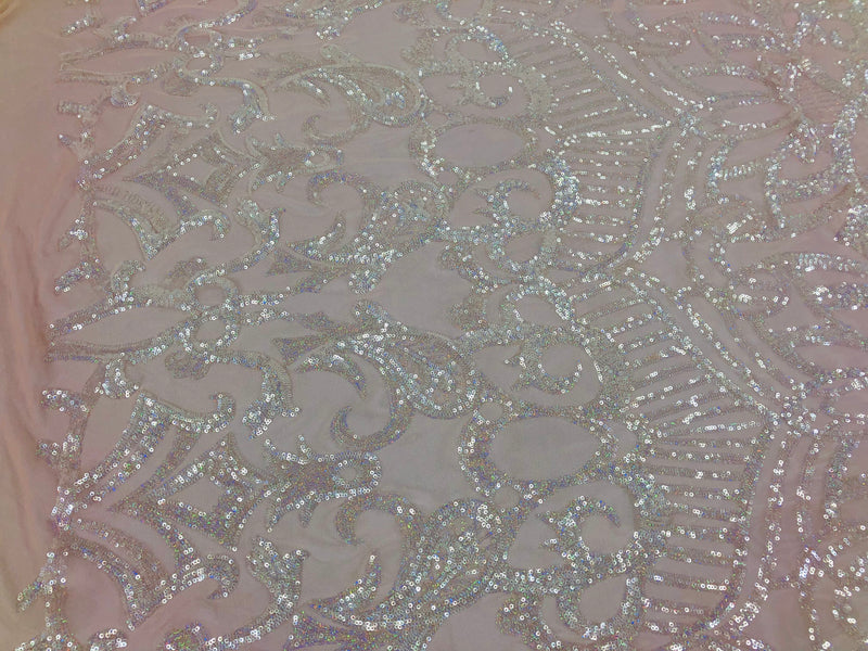 Iridescent Clear Sequins Lace Fabric On Nude Mesh, Royalty Design Embroidered On 4way Stretch Sequin By Yard -Prom-Gown ( Choose The Size )