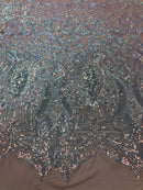 Iridescent Clear/Pink Sequins Lace Fabric On Mesh, Royalty Design Embroidered On 4way Stretch Sequin By Yard -Prom-Gown ( Choose The Size )