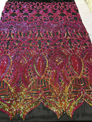 Sequin Fabric - Orange / Fuchsia - 4 Way Stretch Royalty Lace Sequin By Yard