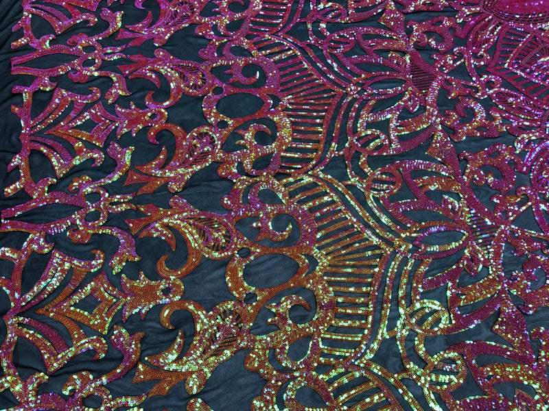 Sequin Fabric - Orange / Fuchsia - 4 Way Stretch Royalty Lace Sequin By Yard