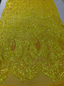 Iridescent Yellow Sequins Lace Fabric On a Mesh, Royalty Design Embroidered On 4way Stretch Sequin By Yard -Prom-Gown ( Choose The Size )