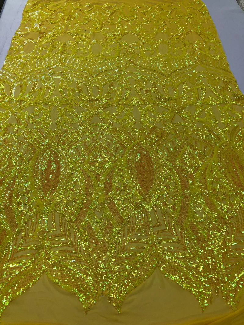 Iridescent Yellow Sequins Lace Fabric On a Mesh, Royalty Design Embroidered On 4way Stretch Sequin By Yard -Prom-Gown ( Choose The Size )