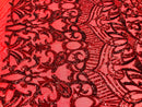 Holographic Red Sequins Lace Fabric On a Mesh, Royalty Design Embroidered On 4way Stretch Sequin By Yard -Prom-Gown ( Choose The Size )