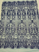 4 Way Stretch Fabric Design - Blue - Fancy Net Sequins Design Fabric By Yard