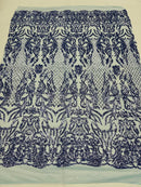 4 Way Stretch Fabric Design - Blue - Fancy Net Sequins Design Fabric By Yard
