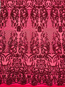 4 Way Stretch Fabric Design - Fuchsia - Fancy Net Sequins Design Fabric By Yard