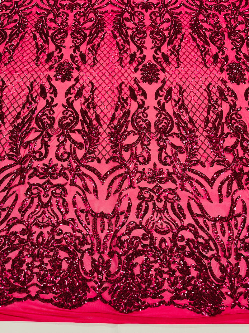 4 Way Stretch Fabric Design - Fuchsia - Fancy Net Sequins Design Fabric By Yard