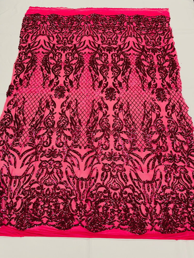 4 Way Stretch Fabric Design - Fuchsia - Fancy Net Sequins Design Fabric By Yard