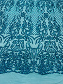 4 Way Stretch Fabric Design - Holographic Turquoise - Fancy Net Sequins Design Fabric By Yard