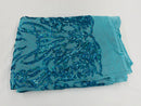 4 Way Stretch Fabric Design - Holographic Turquoise - Fancy Net Sequins Design Fabric By Yard