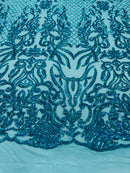 4 Way Stretch Fabric Design - Holographic Turquoise - Fancy Net Sequins Design Fabric By Yard