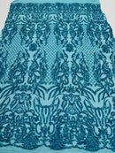 4 Way Stretch Fabric Design - Holographic Turquoise - Fancy Net Sequins Design Fabric By Yard