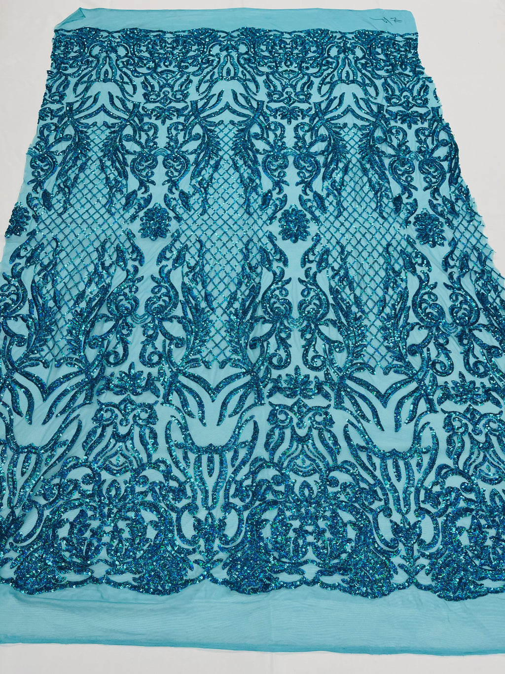 4 Way Stretch Fabric Design - Holographic Turquoise - Fancy Net Sequin