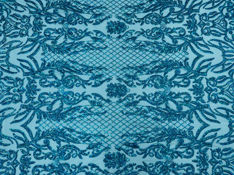 4 Way Stretch Fabric Design - Holographic Turquoise - Fancy Net Sequins Design Fabric By Yard
