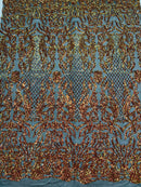 4 Way Stretch Fabric Design - Iridescent Orange on Black - Fancy Net Sequins Design Fabric By Yard