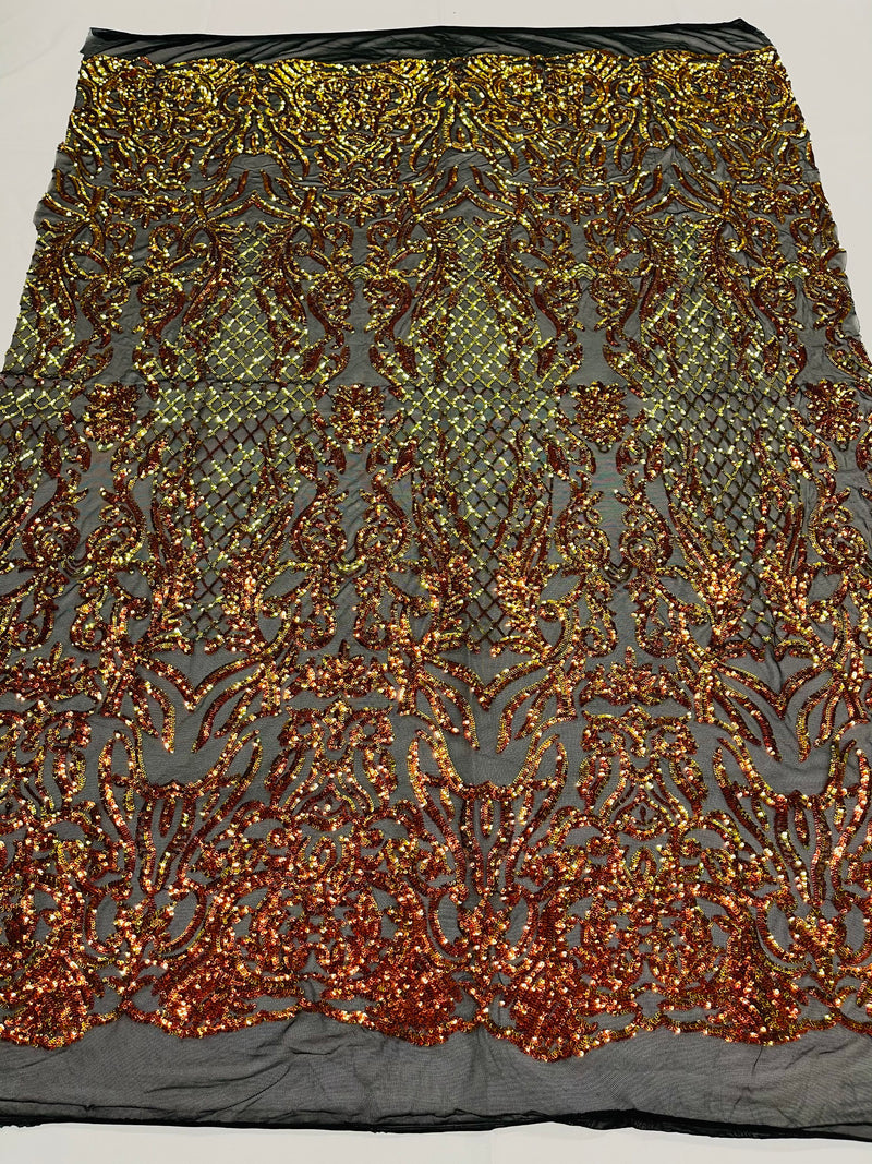 4 Way Stretch Fabric Design - Iridescent Orange on Black - Fancy Net Sequins Design Fabric By Yard