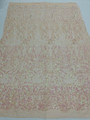 Pink Iridescent Sequins Lace Fabric On Blush Spandex Mesh 4way Stretch Damask Design Embroidered Sequin By Yard -Prom-Gown (Pick a Size)